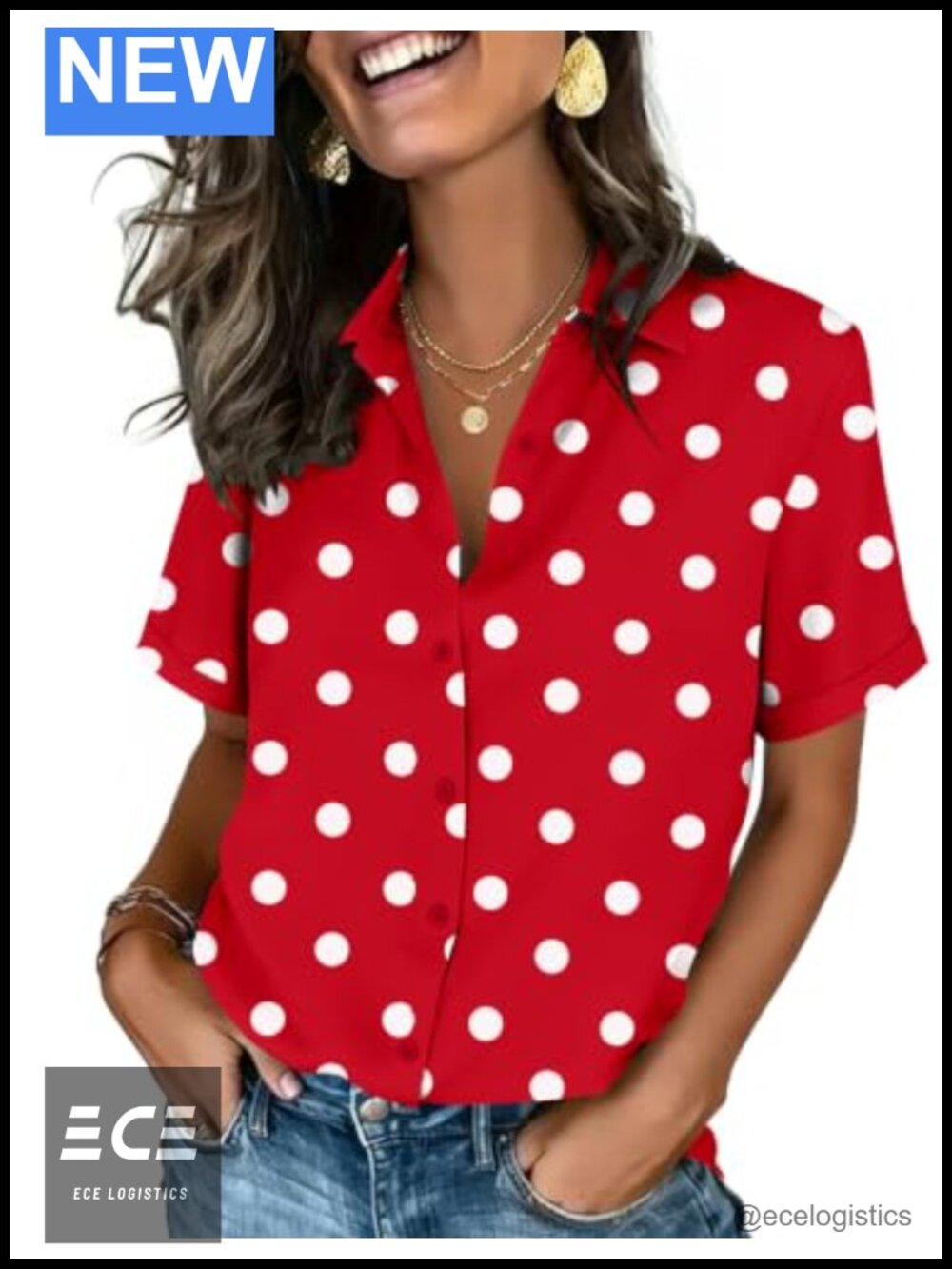 Women's Short Sleeve Button Down Shirt Polyester Blend V-Neck Casual Blouse